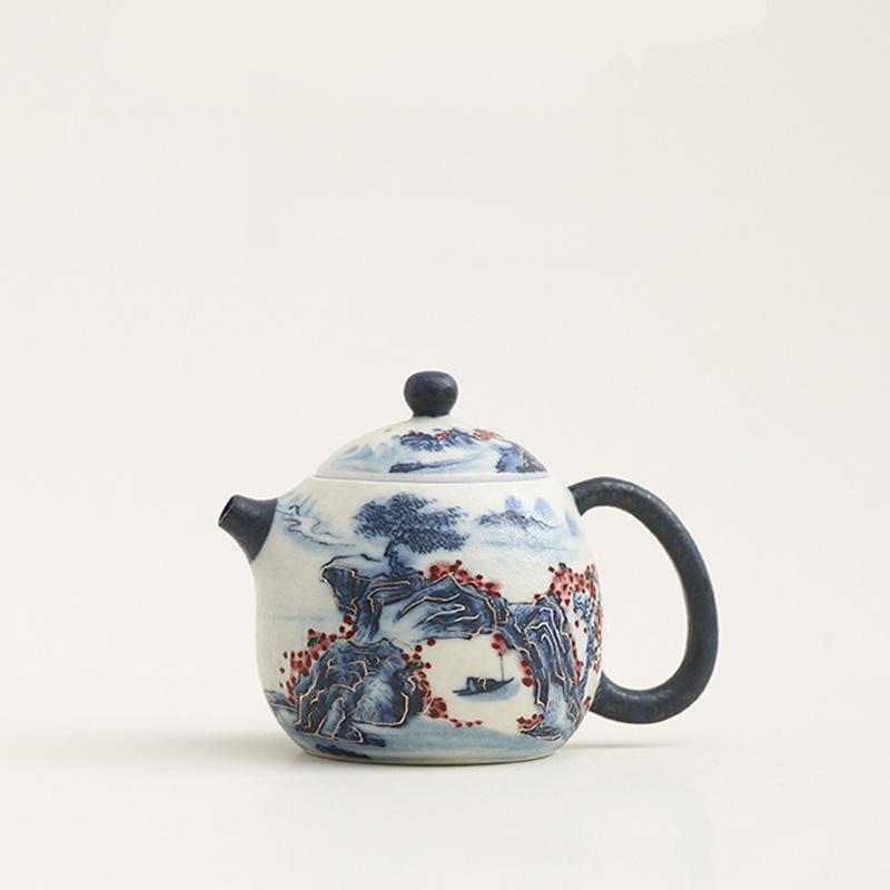 180ml Blue And White Landscape Pattern Retro Glazed Teapot Chinese Ceramic Tea Kettle Tea Ceremony Tea Maker Kung Fu Tea Pot