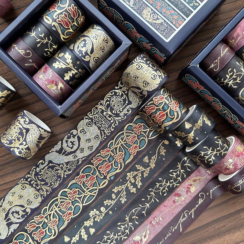 YUBX Masking Tape Vintage Washi Paper Tape with Gold Foil and Retro Pattern Perfect for DIY Gift and 6-Piece Set - Crafts, Journals, Planners,