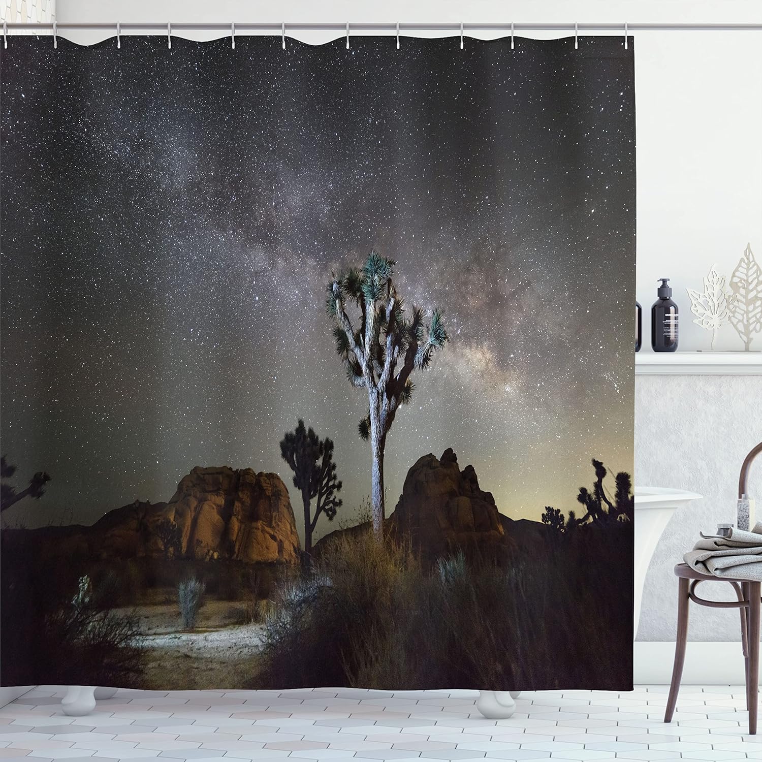 

Desert Night Sky Shower Curtain Milky Way Stars Joshua Tree Landscape Astronomical Bathroom Decor Cosmic Nature Art Black W60H190(CM)-1 Pcs