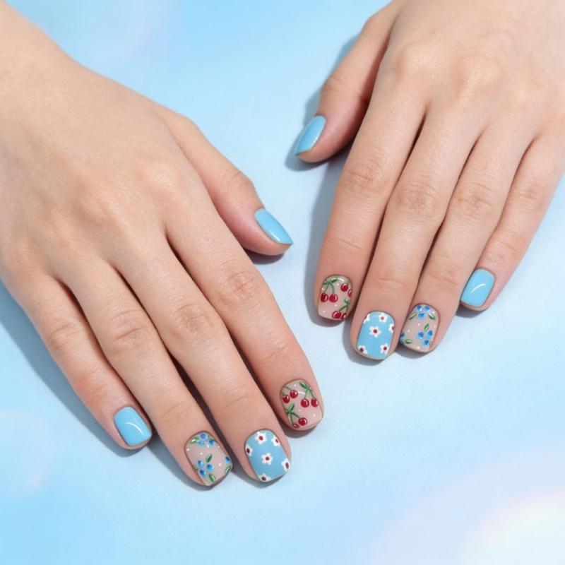 Blue White Floral Blueberry Sweet Design Square False Nail Pack of 24Pieces Artificial Nail Romance Design Easy Apply