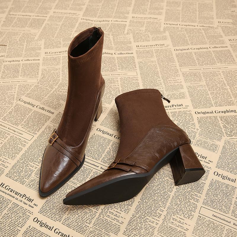 

Autumn Winter Women High Heel Ankle Boots Elegant Back Zippers Shoes Modern Leather Suede Splicing Short Botas Para Mujer 35