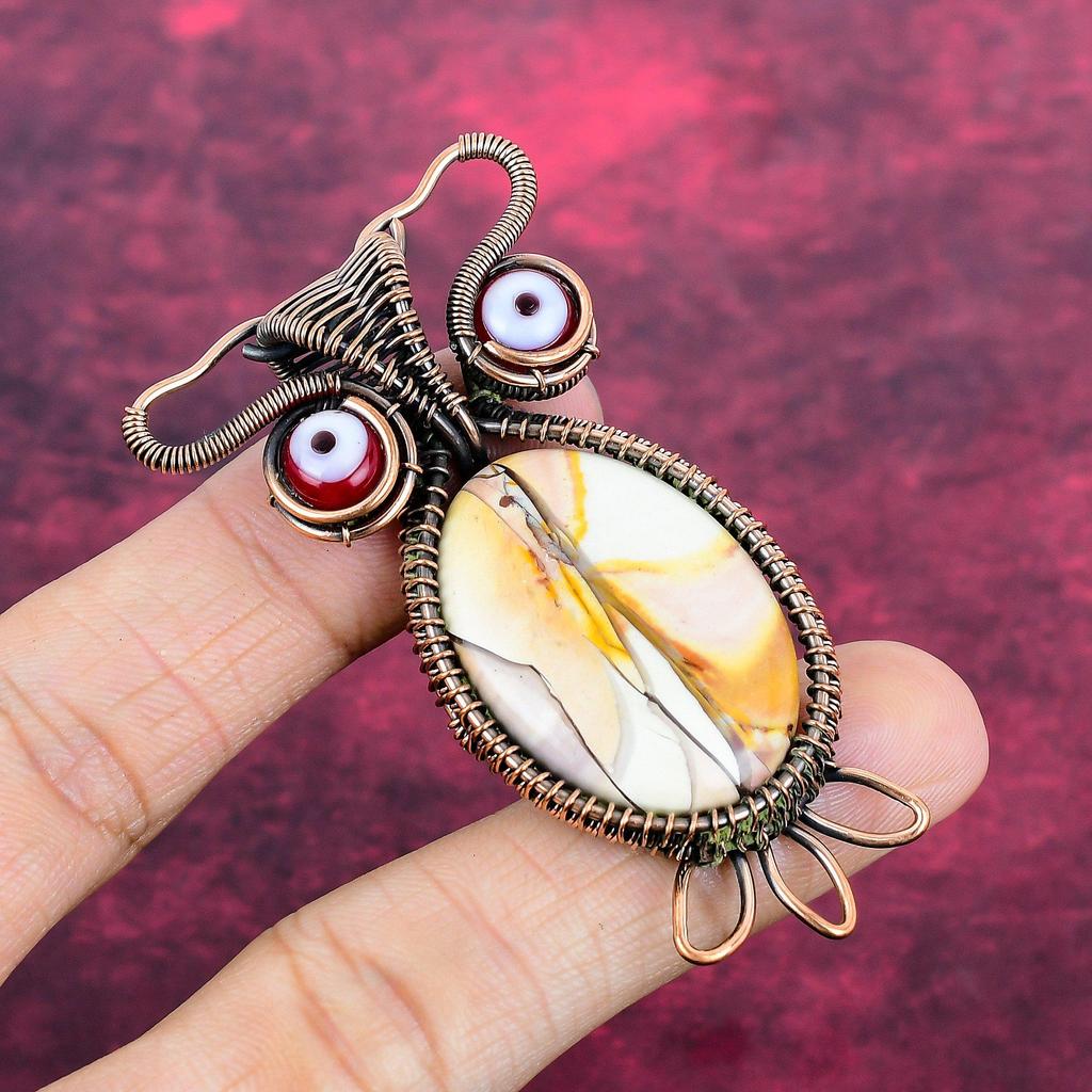 Brecciated Mookaite Gemstone Pendant Red Color Evil Eye Jewelry Copper Wire Wrapped Owl Pendant