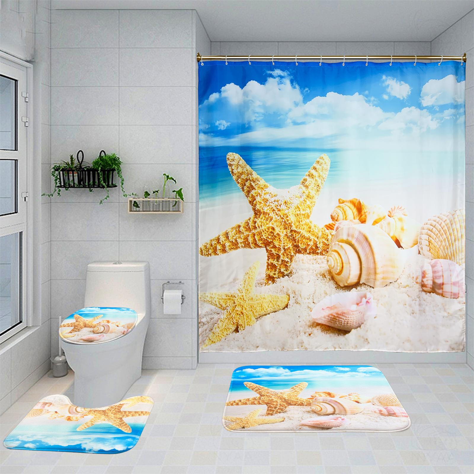 Set Bagno 4 Pezzi Con Tartarughe Marine - Tenda, Tappeti E Copriwater, Impermeabile, Antiscivolo