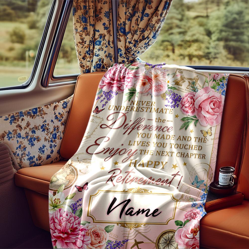 Happy Retirement Floral Card Blanket Personalized Name Soft Comfortable Stylish Blanket Car Blanket Perfect For Travel Camping Outdoor Home Suitable