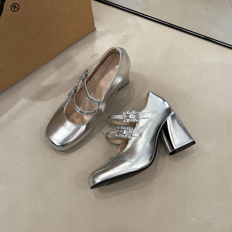 Silver Rhinestone Daughter Mary Jane Shoes High Heels Women's 2025 New Temperament Beautiful Thick Heel Light Mouth Single Shoes