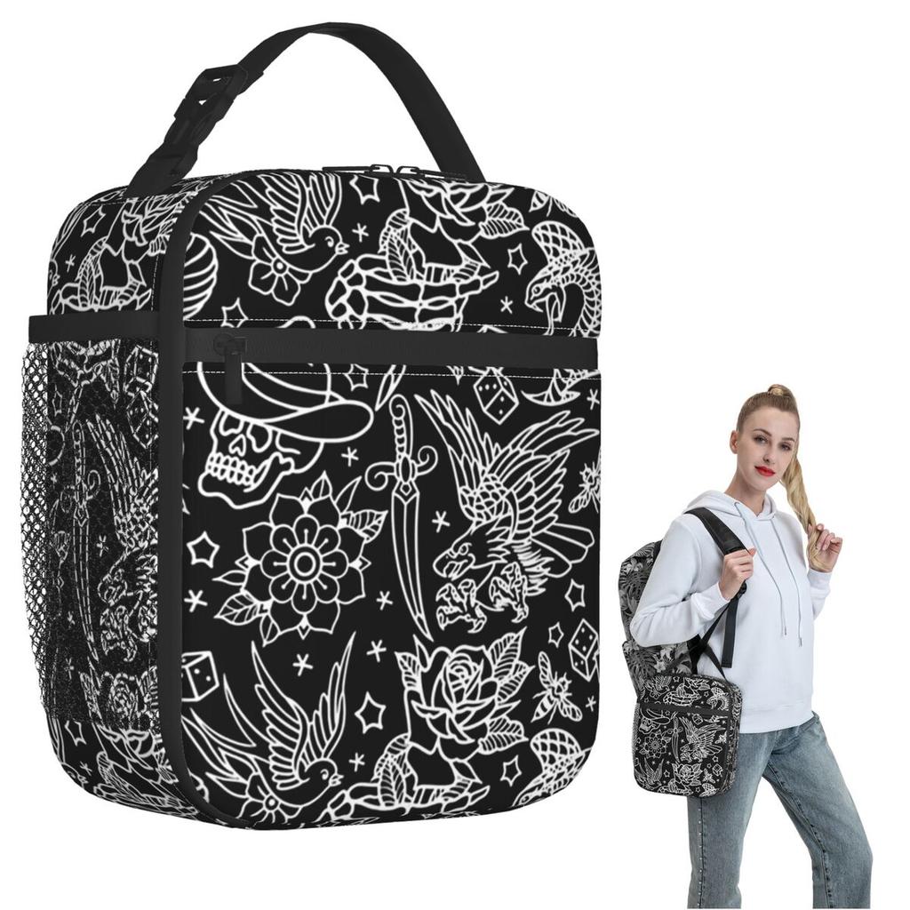 American Traditional Tattoo Flash Print Insulated Lunch Bag for Women Kids Portable Food Boxes Thermal Lunch Box Tote