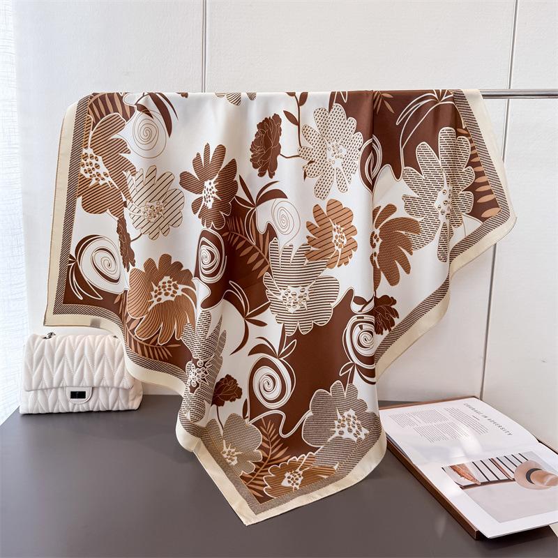 

French Atmosphere Simulation Silk Large Square Scarf Retro Flower Print Professional Versatile Shawl Diagonal Silk Pattern Scarf Headscarf Women 90x90cm