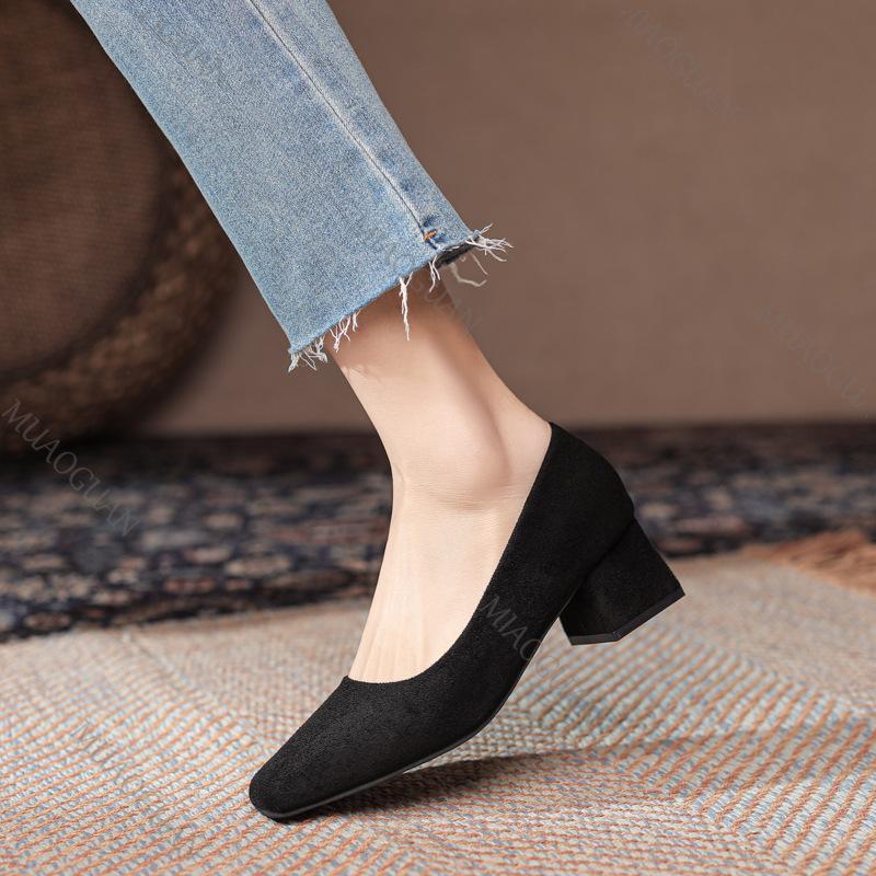 Fashion 2025 New Spring Heels Women Square Head Shallow Mouth Soft Leather Pumps Fashion Solid Office 5.5cm Thick Heeled Ladies Shoes