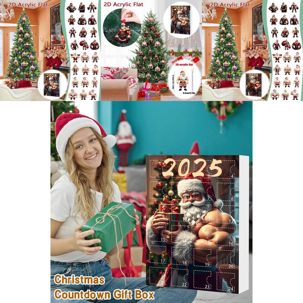 Vánoční odpočítávací slepý box s svalnatou postavou Santy pro dekoraci vánočního stromku a jako dárek