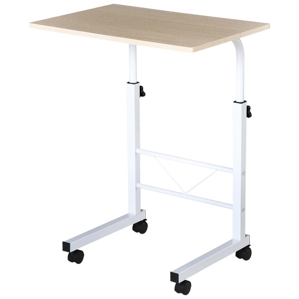 Side Table Height-Adjustable Coffee Table Mobile End Table with Wheels Locking Brakes C-Table Particleboard Steel Iron Plastic White Maple Color 60 x