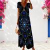 Women Plus Size V Neck Short Sleeve Floral Printed Black Long Dress
