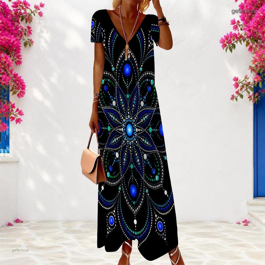 Women Plus Size V Neck Short Sleeve Floral Printed Black Long Dress