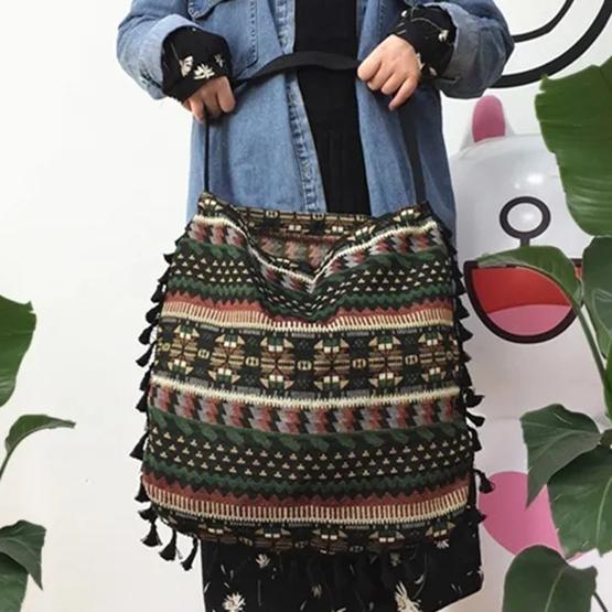 

WTEMPO большие вместительные сумки на одно плечо в этническом стиле, женские жаккардовые сумки через плечо в богемном стиле с бахромой из ткани One Size дубильная кора