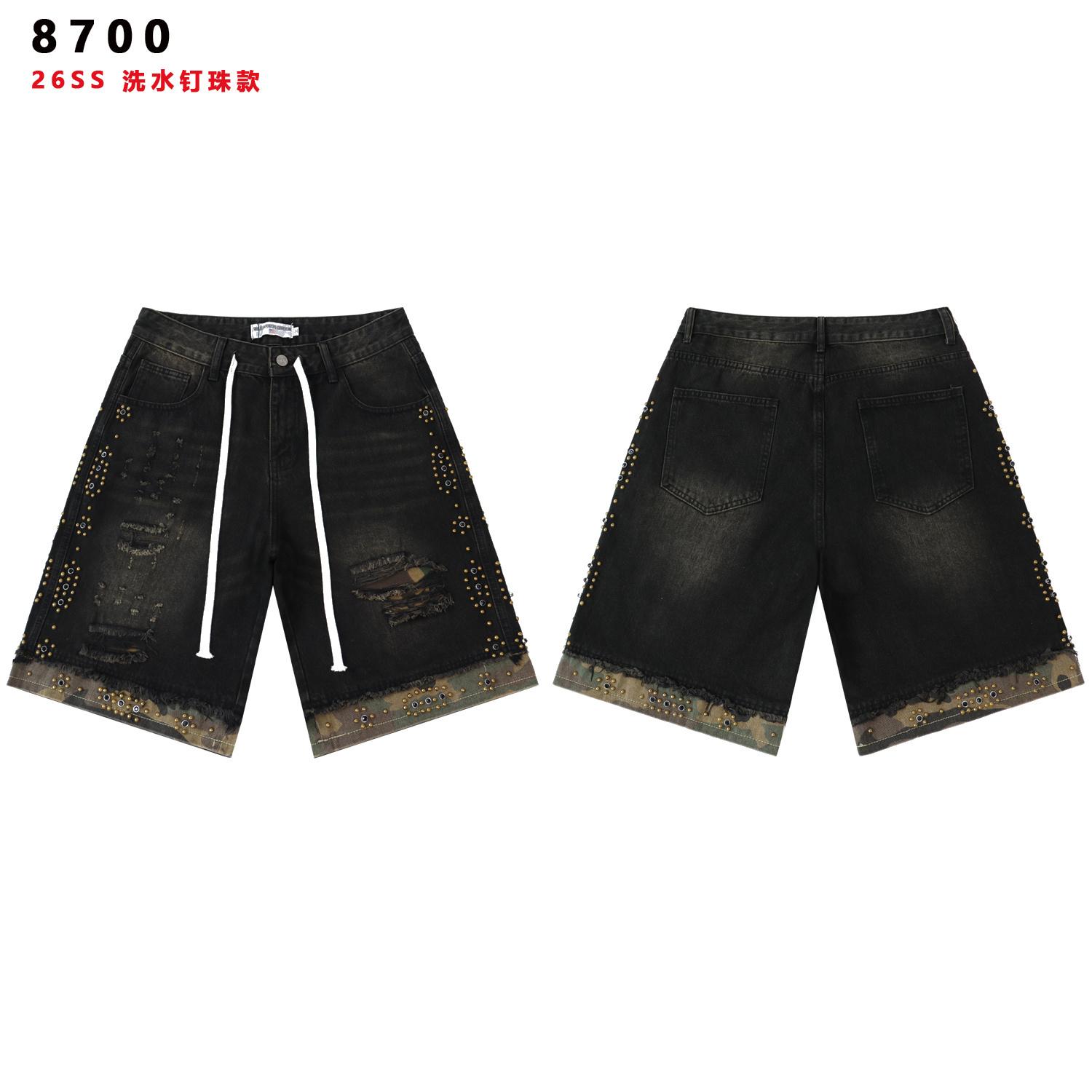 Men s Studded Distressed Denim Shorts, Camo Hem Drawstring Hip Hop Street Knee Length Shorts 28
