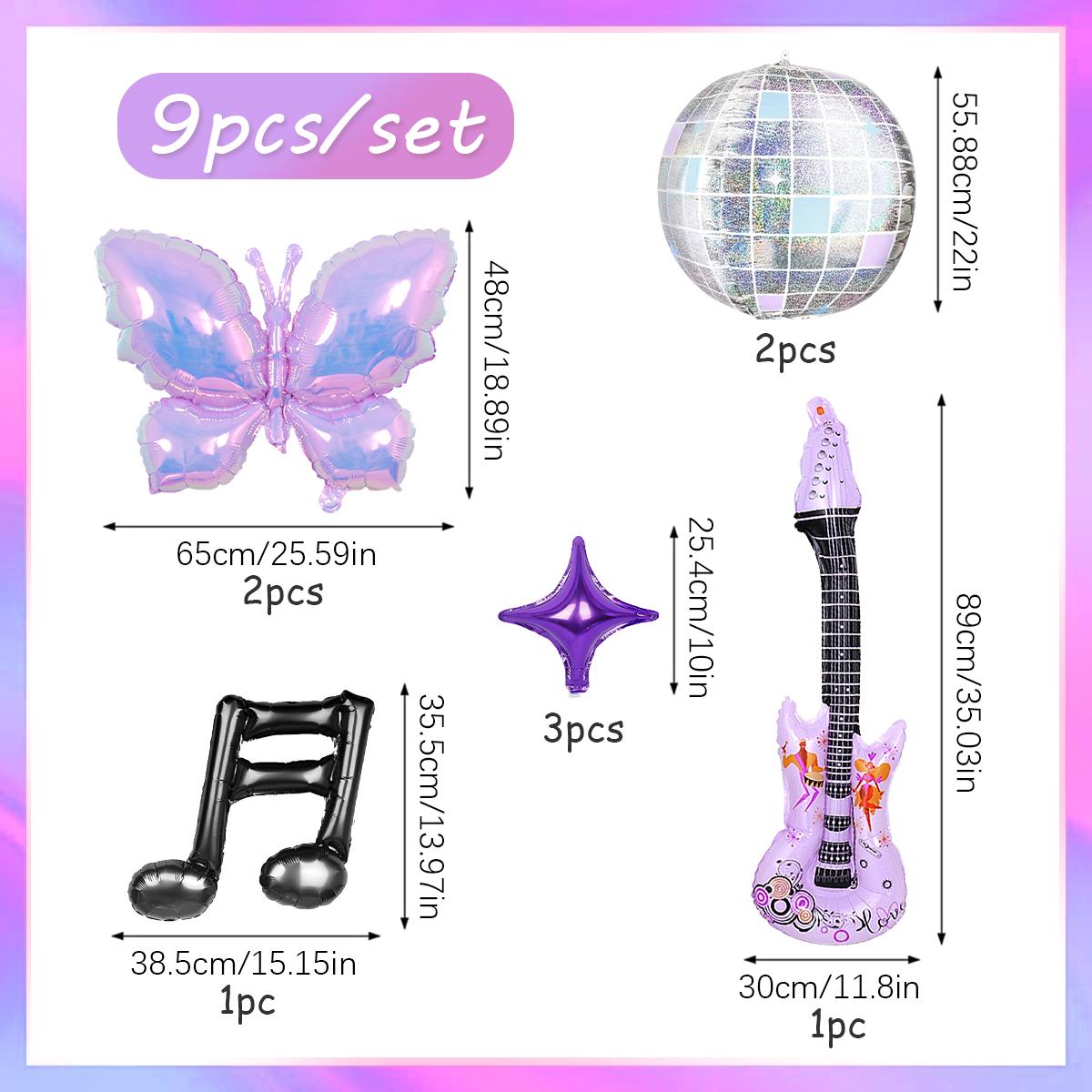 

9 pcs 80s/90s music themed party balloons, disco ball, guitar balloon, purple butterfly, disco birthday party, rock theme Other