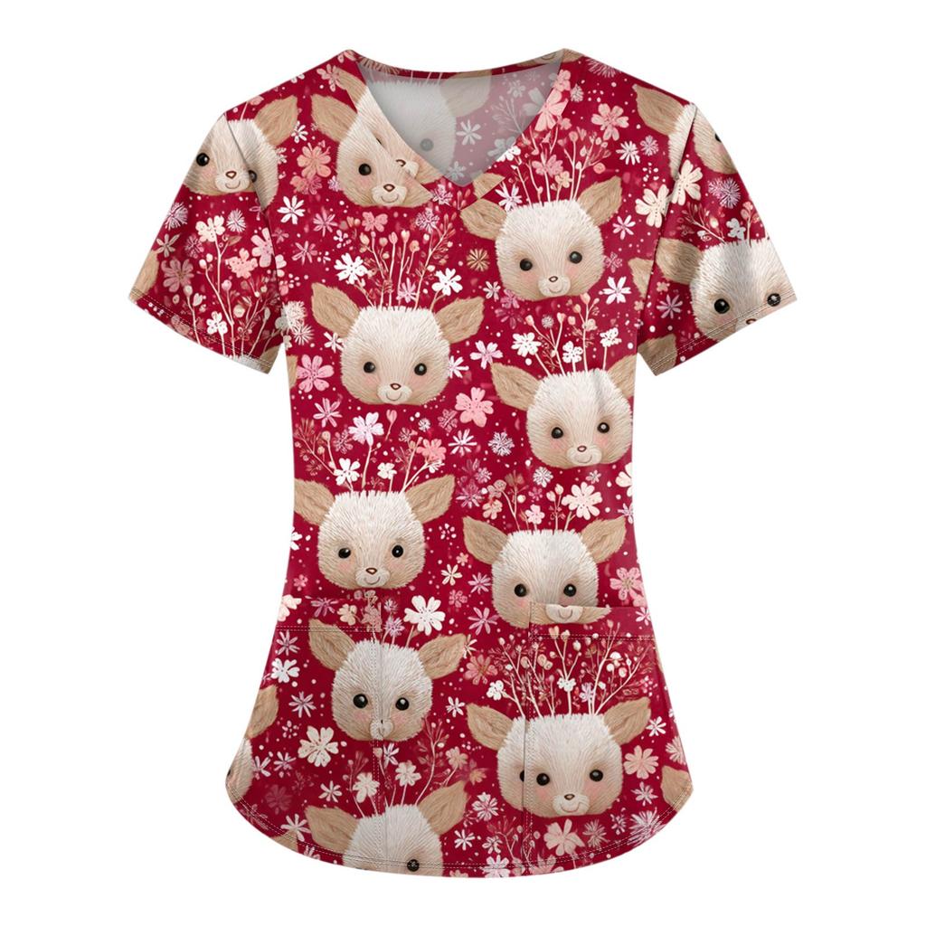 Damen-Bluse mit Weihnachtsdruck, kurzärmelig, V-Ausschnitt, Arbeitstasche