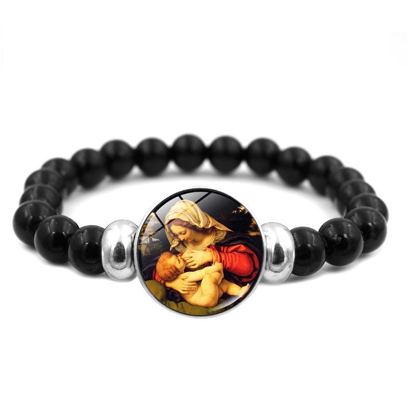 Christliches Jesus-Armband mit schwarzen Perlen, elastischer Schmuck, Jungfrau Maria, Glas-Druckknopf-Armbänder für Männer und Frauen, katholische Geschenke
