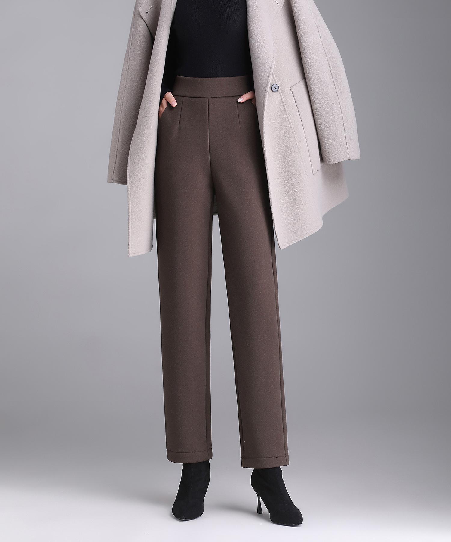 

Женские черные кашемировые брюки с флисовой подкладкой, с высокой посадкой и широкими штанинами: Похудение, Универсальный, Зимняя повседневная одежда XXL (120-130 Jin) кофейный