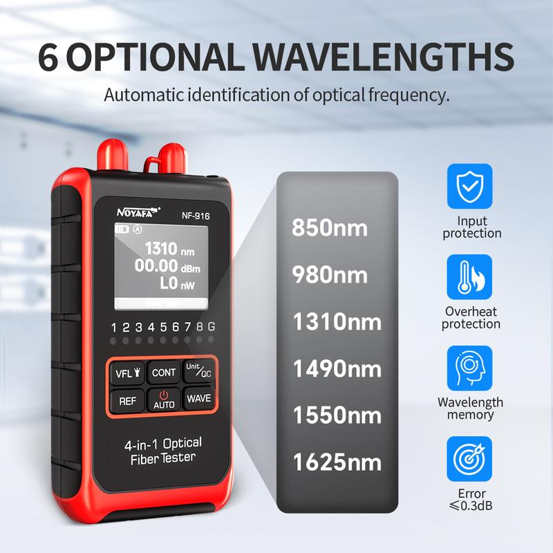 NOYAFA 4 In 1 Fiber Optical Power Meter Visual Fault Locator NF-916 VFL REF FC SC ST LCD Display Optic Cable Tester Network Tool