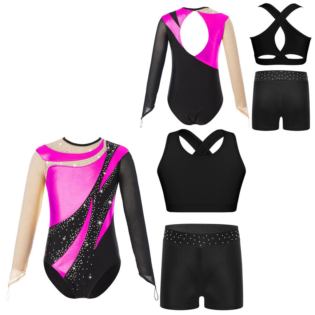 Gymnastics Leotard for Girls Kids with Shorts Long Sleeve Tumbling Ballet Dance Unitard with Active Vest