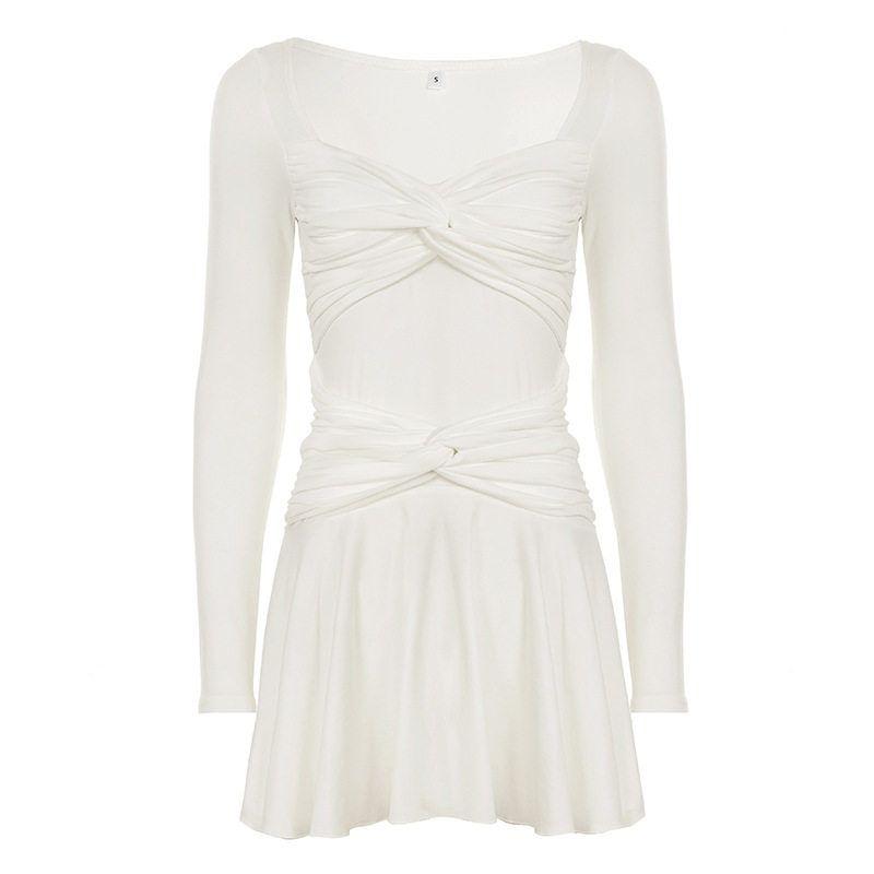 

and American Cross-Border Women s Fashion Twisted Design Pleated Solid Color Dress, Waist-Cinching Slimming Long-Sleeve Fitted Short Dress for Women White M