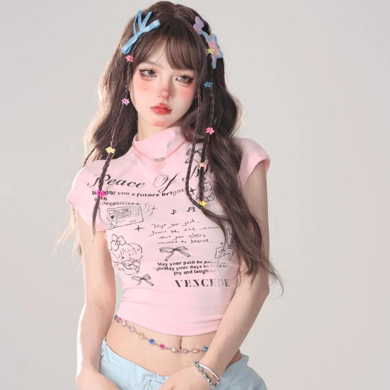 Topuri Y2K pentru fete, tricouri imprimate pentru femei, tricouri sexy, design cu control abdominal, tricouri la modă pentru dame, topuri cu litere de desene animate, tricouri casual cu mânecă scurtă