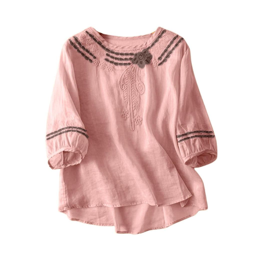 Women's Solid Color Cotton And Linen Short-sleeved Embroidered Retro Breathable T-shirt Round Neck Top