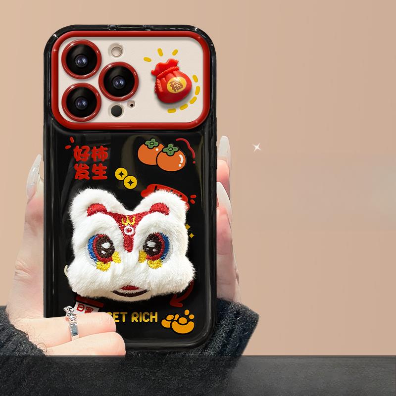 

Подходит для Apple 15 Чехол для мобильного телефона iPhone 13/14promax Plush Lion Dance Lanyard 11/12 Flip Mirror Xr iPhone 6s Plus