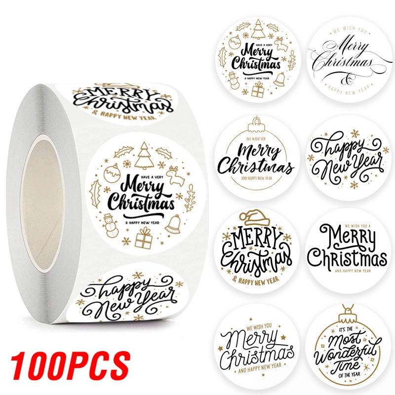 100-500pcs Merry Christmas Sticker , Round Adhesive Decoration Sticker for Cards Envelope Seal Xmas Gift Wraps Box Bags