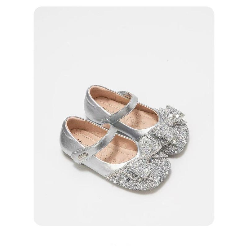 Kids Girls Silver Glitter Bow Mary Jane Shoes 23