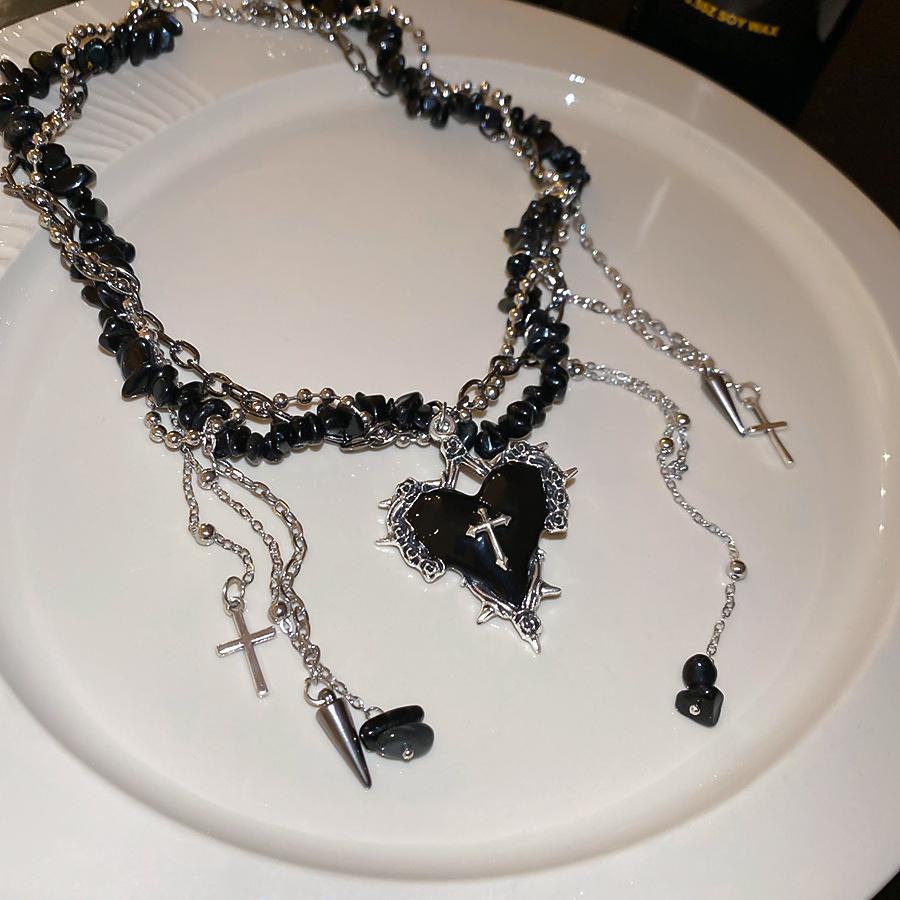 Goth Black Heart Love Cross Pendant Irregular Stone Bead Choker Necklace For Women Halloween Vintage Y2K Grunge EMO Accessories
