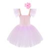 Girls Mesh Dance Dress Flutter Sleeve Spaghetti Straps Lace Floral Tutu Skirt Performance Outfit with Headdress
