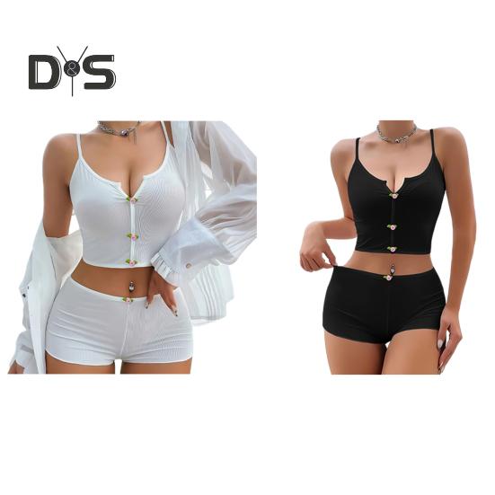 Dámský 2dílný pyžamový set Letní sexy Crop Cami Top a šortky Set ležérní žebrované spací prádlo s květinovou výzdobou
