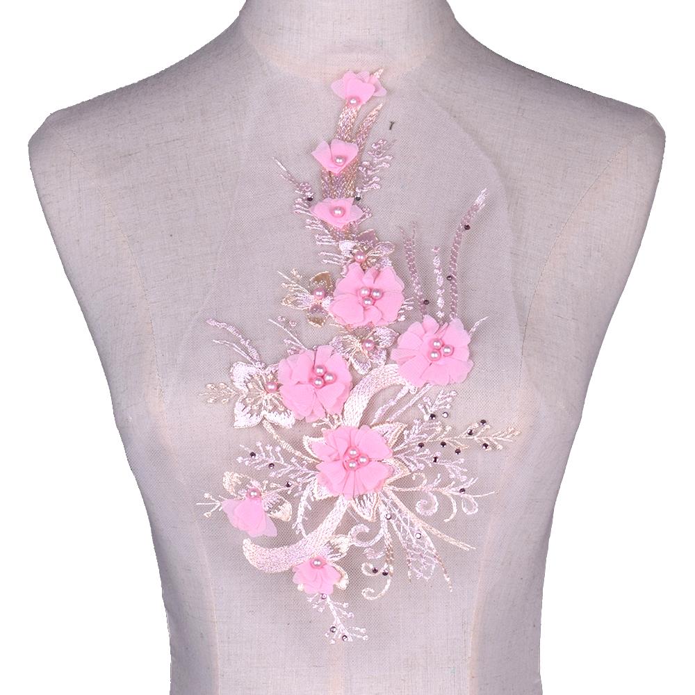 1 Stück Rosa Blau 3D Blume Perlen Stickerei Aufnäher Netzstoff Applikation Nähen Hochzeitskleid Kleidung Reparatur Dekoration