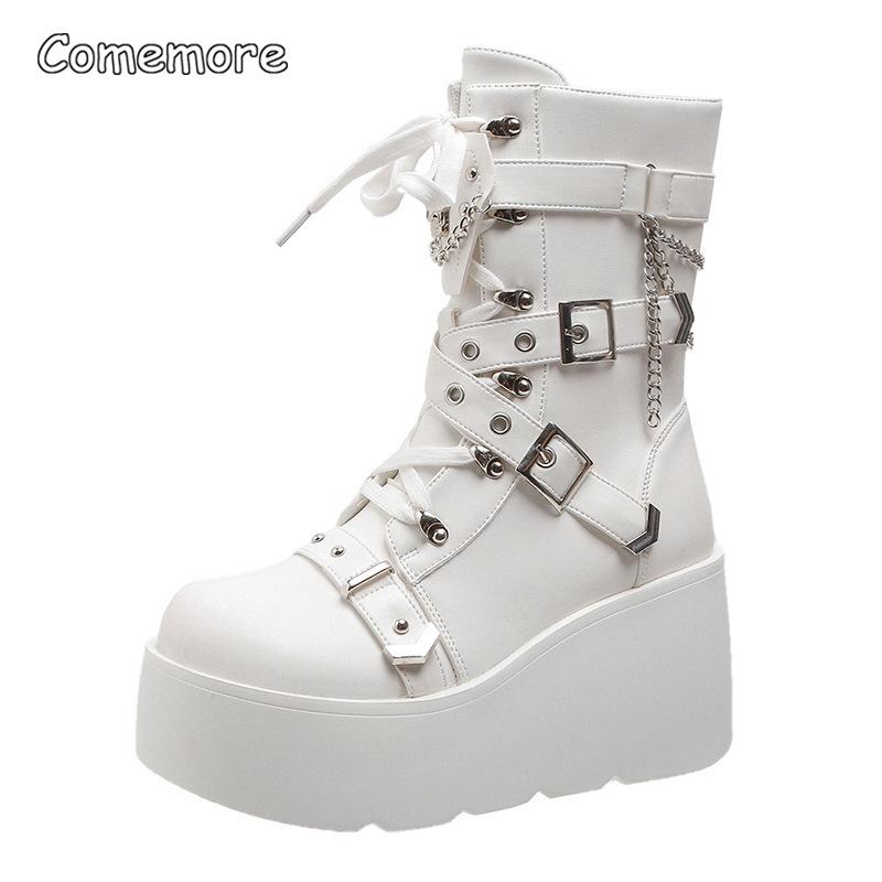 Thick Bottom Wedge Heel Motorcycle Boots Women Plus Size 35-42 Punk Style Platform Black Short Ankle Boots for Women's Botines