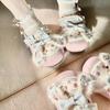 Sweet Girls Lolita Furry Rabbit Ears Pumps Students Cute Bowknots Lace Embroidery Shoes