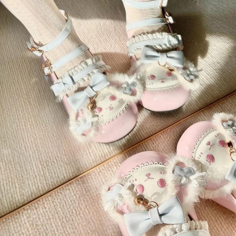 Sweet Girls Lolita Furry Rabbit Ears Pumps Students Cute Bowknots Lace Embroidery Shoes