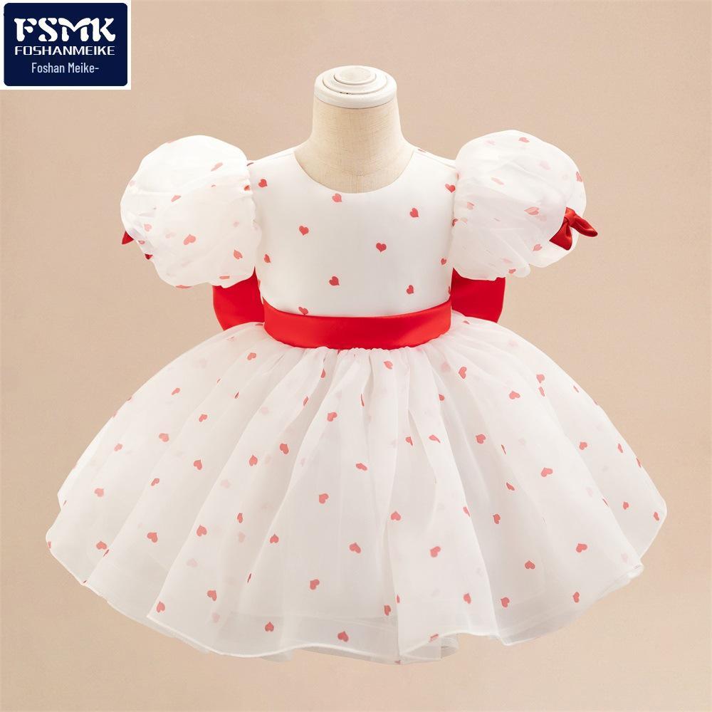 2024 Fashionable Girls' First Birthday Dress - Cute Puff Sleeve, Heart-Shaped Skirt, Princess Design