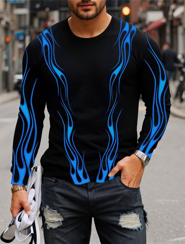 3D Printed Flame Scratch Pattern 3D Printed Autumn Men's Crew Neck T-Shirt Casual Long Sleeve Oversized Pullover Fashion Tops