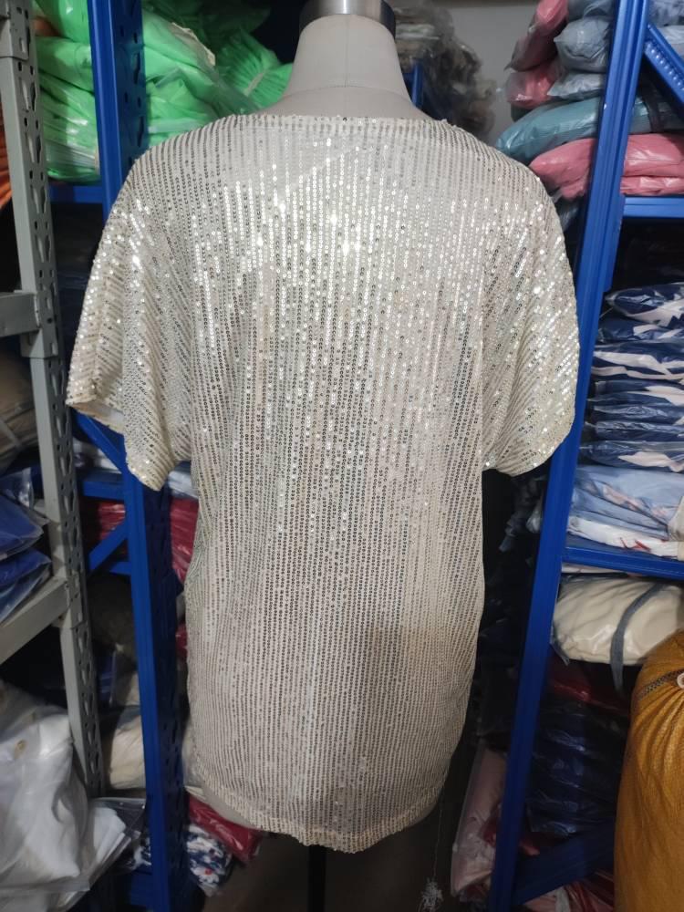 In Stock! 2021 Women's Summer Casual Loose Fit Sequin T-Shirt, Solid Color Short Sleeve Pullover