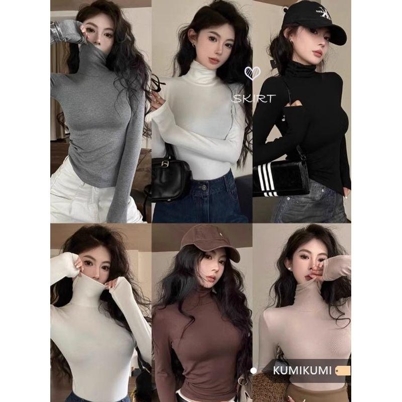 Black with High Collar Autumn and Winter Sexy Slim Fit Long-Sleeved T-shirt