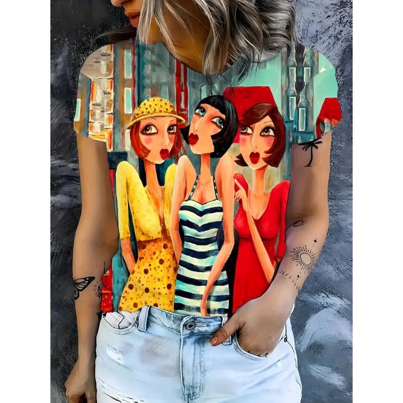 Summer Women's Round Neck T-Shirt Outdoor Fashion Casual Short-Sleeved 3d Cartoon Printing Pattern Oversized Women's Clothing