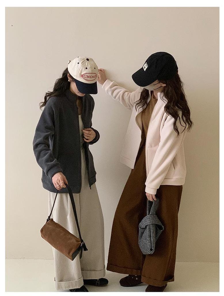 Yi Han Meng Women's Fleece Lined Zip-Up Cardigan - Warm, Korean Style Autumn/Winter Casual Sweatshirt with Stand Collar