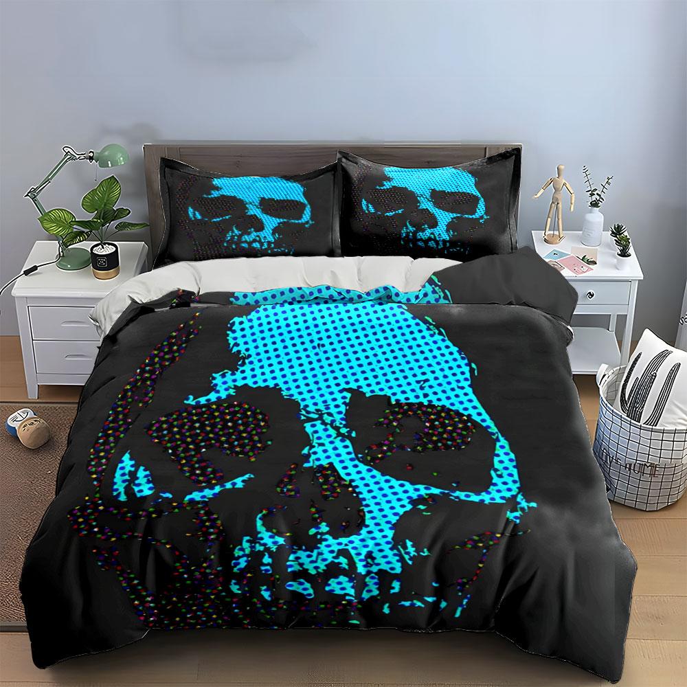 3Pcs Glitter Mesh Skull Bedding Set, Cyan Dot Punk Skeleton Print Duvet Cover Pillowcases Single Double King Queen, Gift