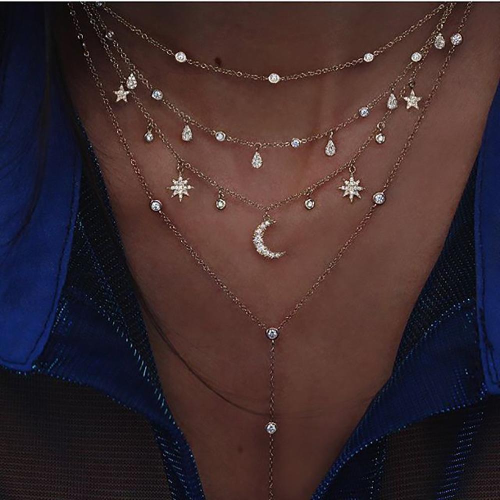 New Vintage Crystal Geometry Star Moon Lock Necklace For Women Boho Multi-level Pendants Necklaces Chokers Jewelry Gift