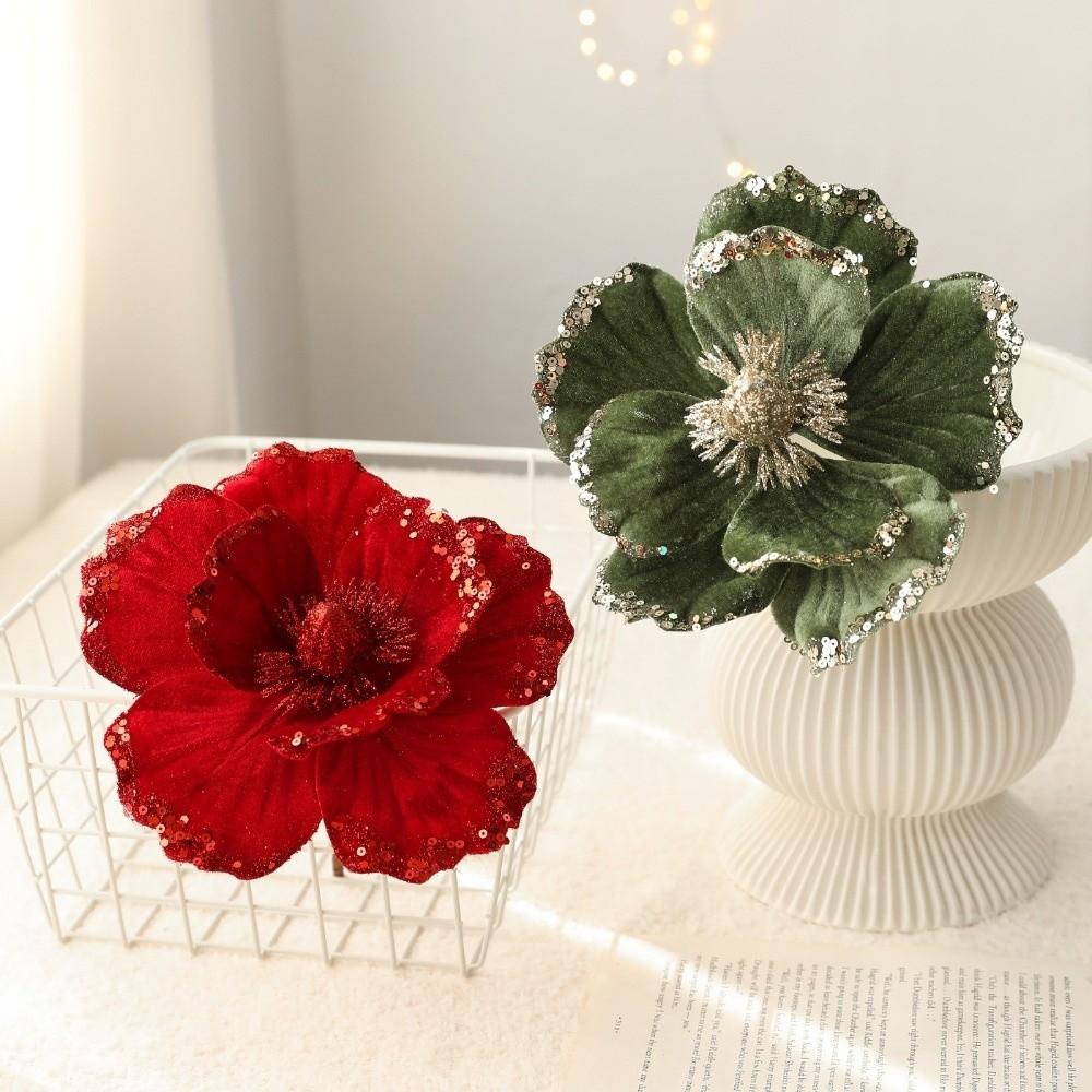 15cm Artificial Poinsettia Glitter Flower Sequin Flannel Fake Christmas Flowers Photography Props 3D Simulation Magnolia