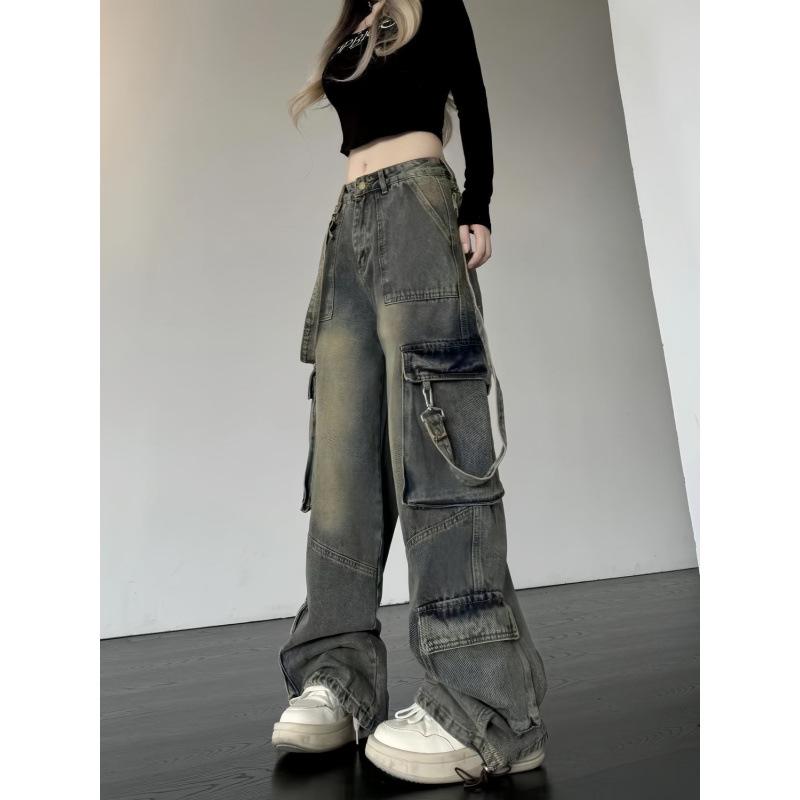 American High Street Retro High-Waist Multi-Pocket Wide-Leg Jeans for Women: Slimming, Loose-Fit Workwear - Autumn/Winter Fashion