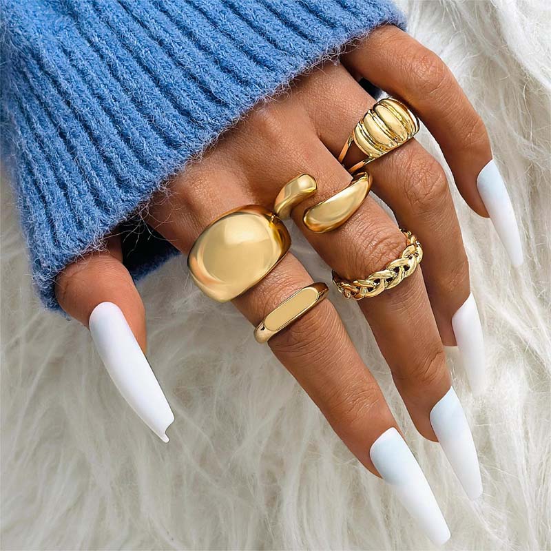 6Pcs/set Gold Color Geometric Chunky Open Rings Set for Women Exaggerated Metal Smooth Adjustable Finger Ring Jewelry Gifts New