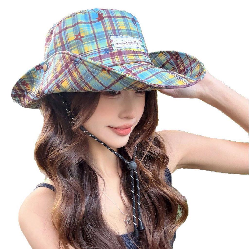Fresh and Simple Plaid Hat, Two-way Wear Fisherman Hat for Women, Spring and Summer Travel Large Brim Sun Hat, Outdoor Sun Protection Hiking Hat