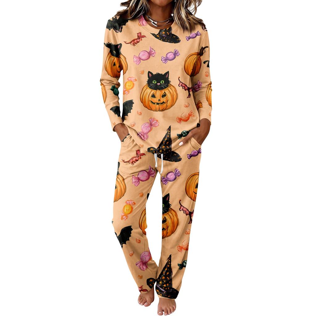 Women's Casual Pajama Set with Long Sleeve Round Neck and Drawstring Wide Leg Pants for Sleep and